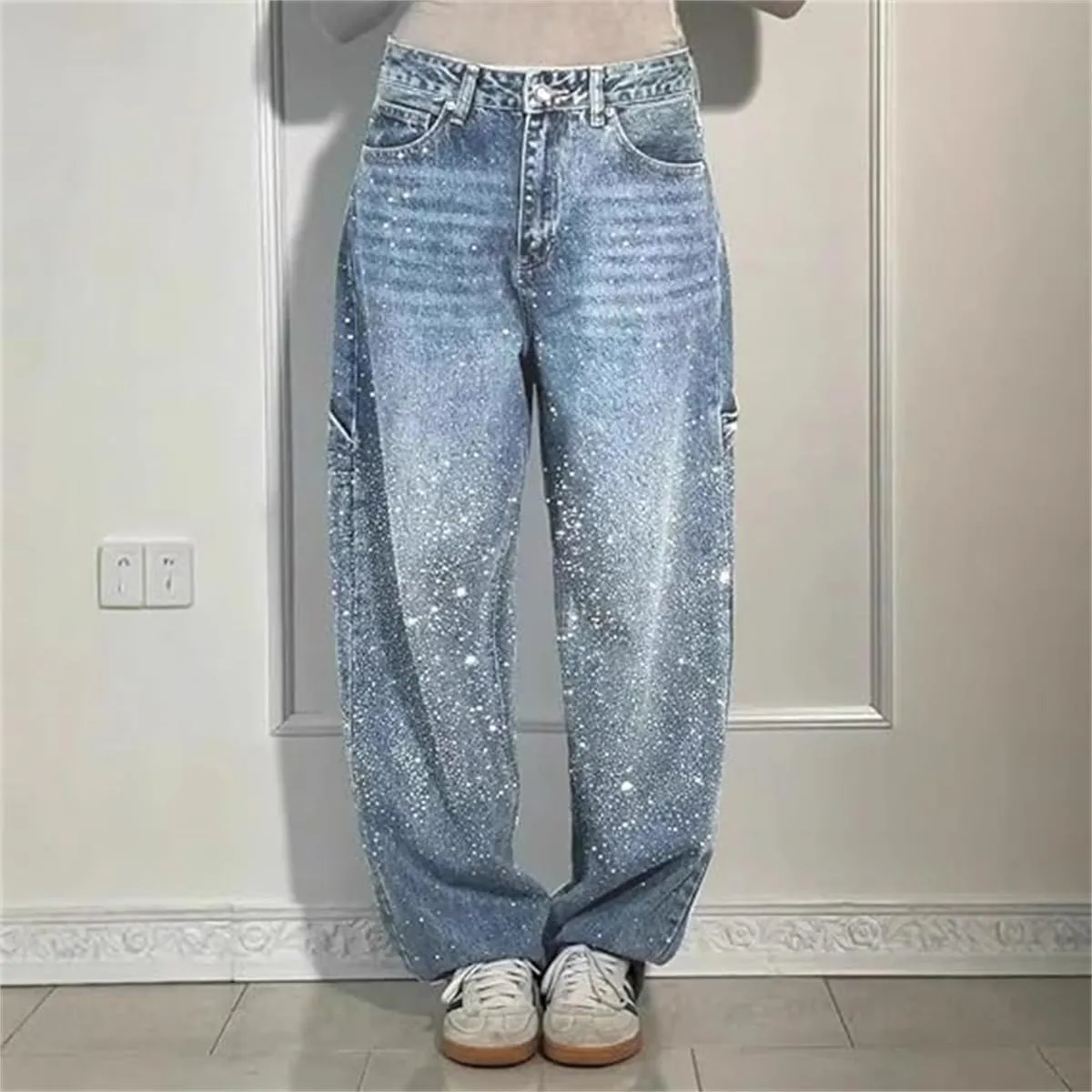 Women's High Waisted Rhinestone Jeans, Wide Leg Sparkly Harem Jeans, XS-3XL, Blue