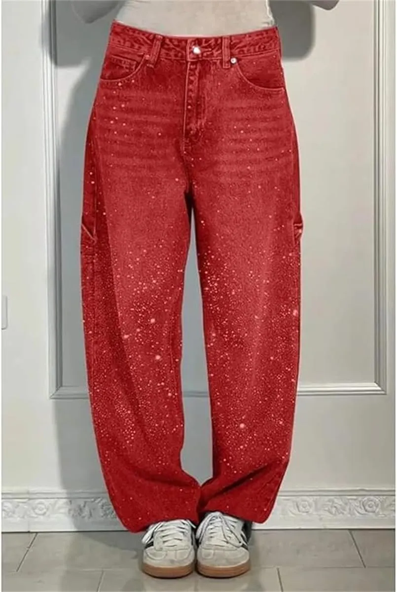 Women's High Waisted Rhinestone Jeans, Wide Leg Sparkly Harem Jeans, XS-3XL, Blue