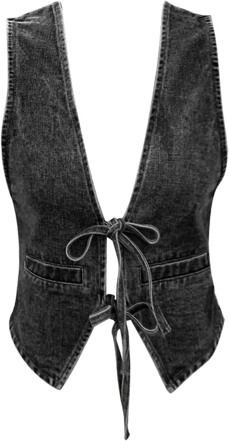 Women's Lace Up Tie Front Denim Vest Sleeveless Casual Gilet Jacket Deep V Neck Jean Waistcoat Y2k Crop Top