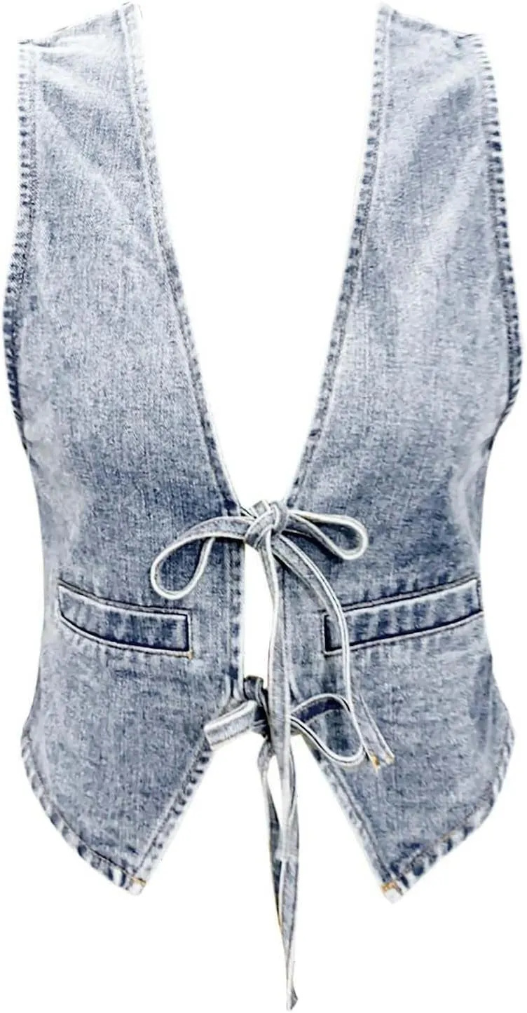 Women's Lace Up Tie Front Denim Vest Sleeveless Casual Gilet Jacket Deep V Neck Jean Waistcoat Y2k Crop Top