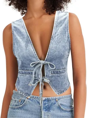 Women's Lace Up Tie Front Denim Vest Sleeveless Casual Gilet Jacket Deep V Neck Jean Waistcoat Y2k Crop Top