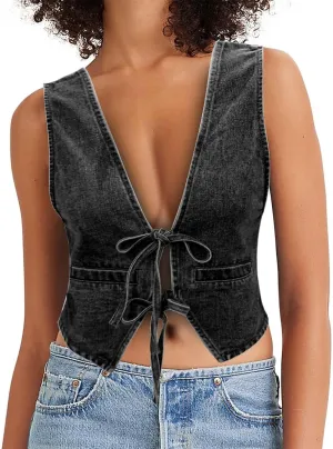 Women's Lace Up Tie Front Denim Vest Sleeveless Casual Gilet Jacket Deep V Neck Jean Waistcoat Y2k Crop Top