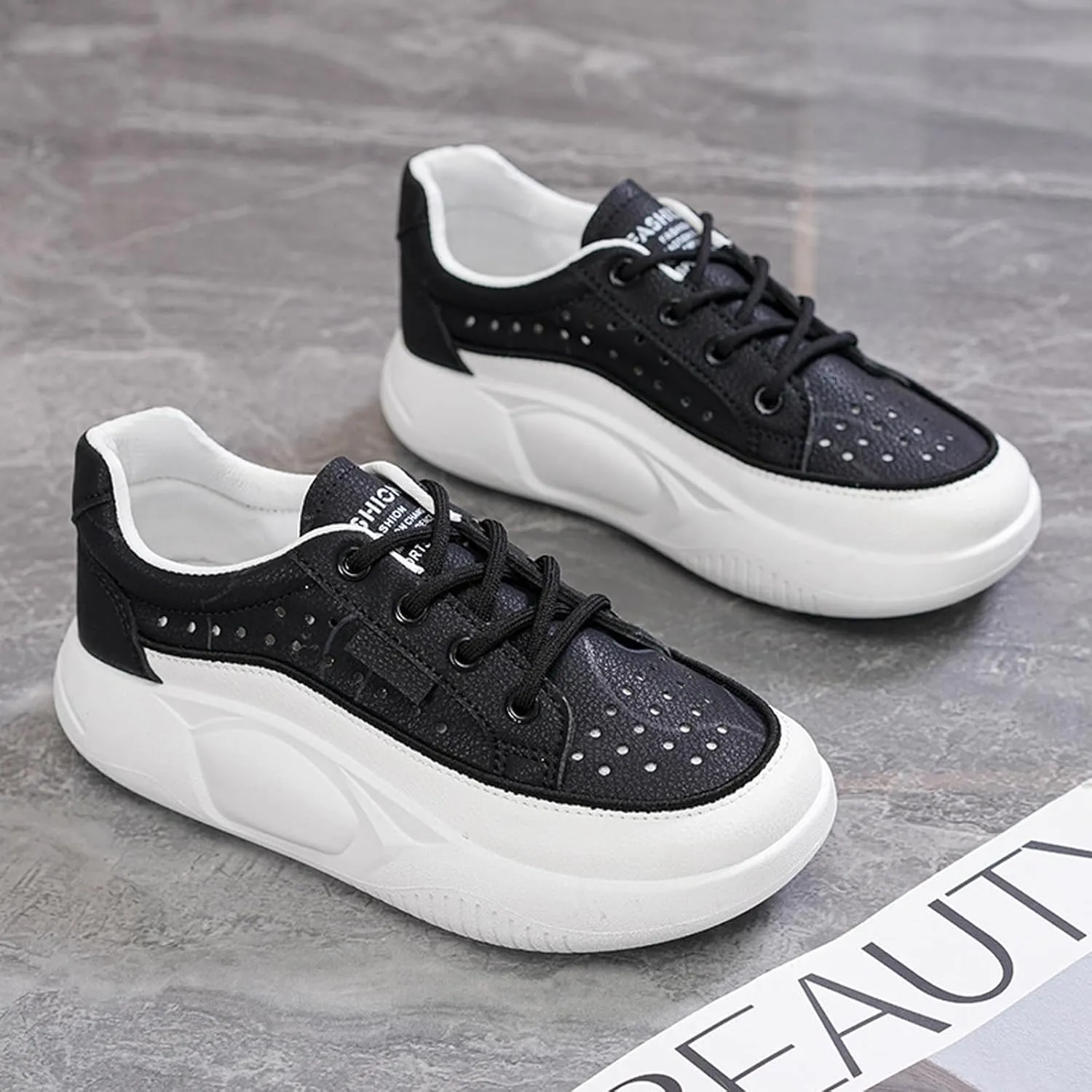 Women's Leather Cutout Lace-Up Platform Chunky Dad Sneakers Fashion Round Toe Low Top Platform Non-Slip Breathable Orthopedic Comfortable Sport Sandals Casual Work Tennis Shoes