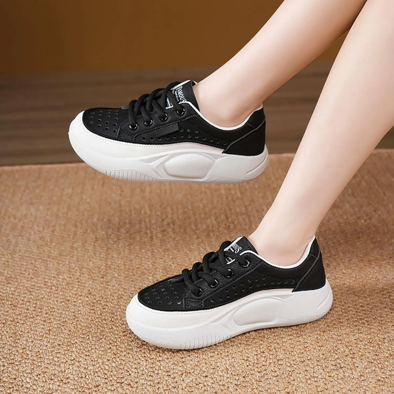 Women's Leather Cutout Lace-Up Platform Chunky Dad Sneakers Fashion Round Toe Low Top Platform Non-Slip Breathable Orthopedic Comfortable Sport Sandals Casual Work Tennis Shoes