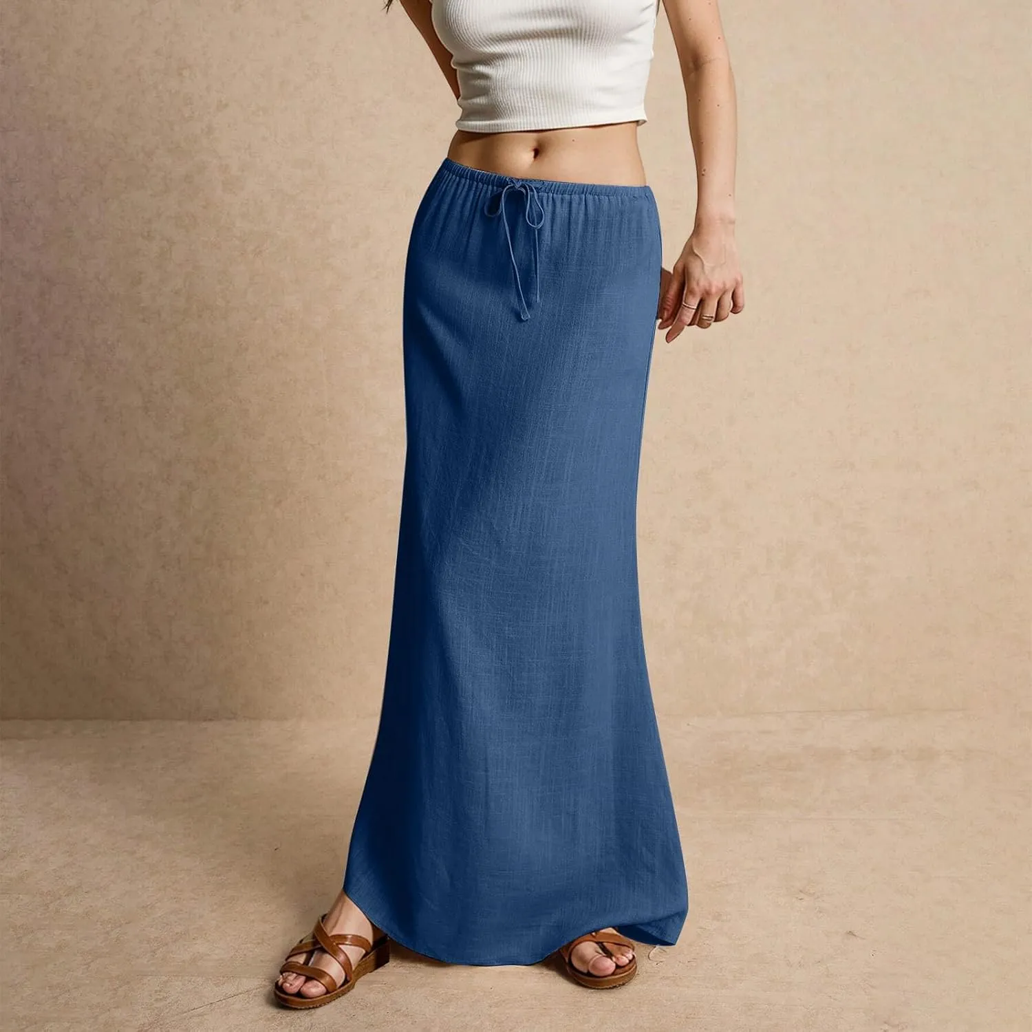 Womens Linen Maxi Skirt Drawstring Low Rise Long Skirts, Solid A-Line Casual Loose Flowy Long Beach Skirt