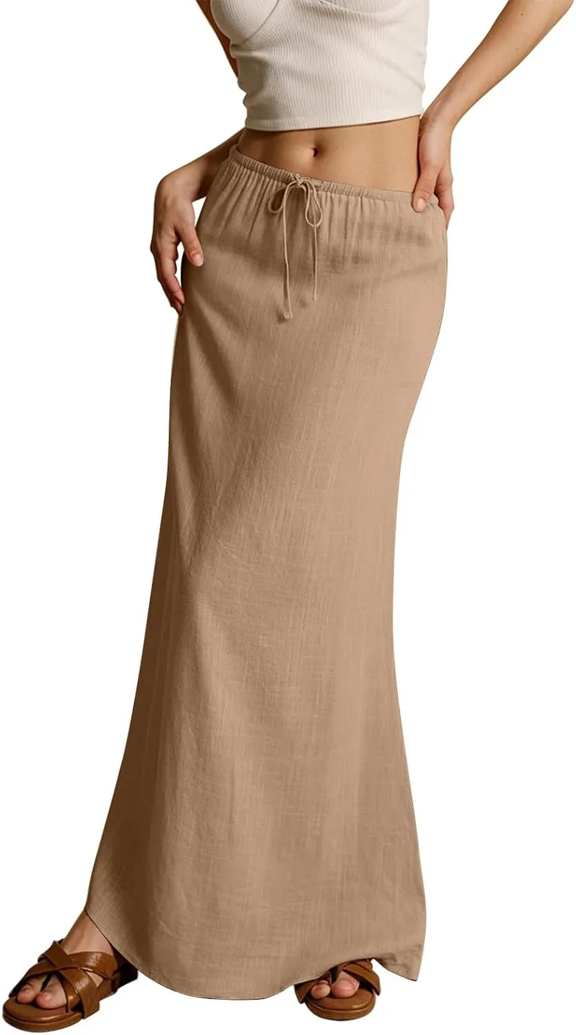 Womens Linen Maxi Skirt Drawstring Low Rise Long Skirts, Solid A-Line Casual Loose Flowy Long Beach Skirt