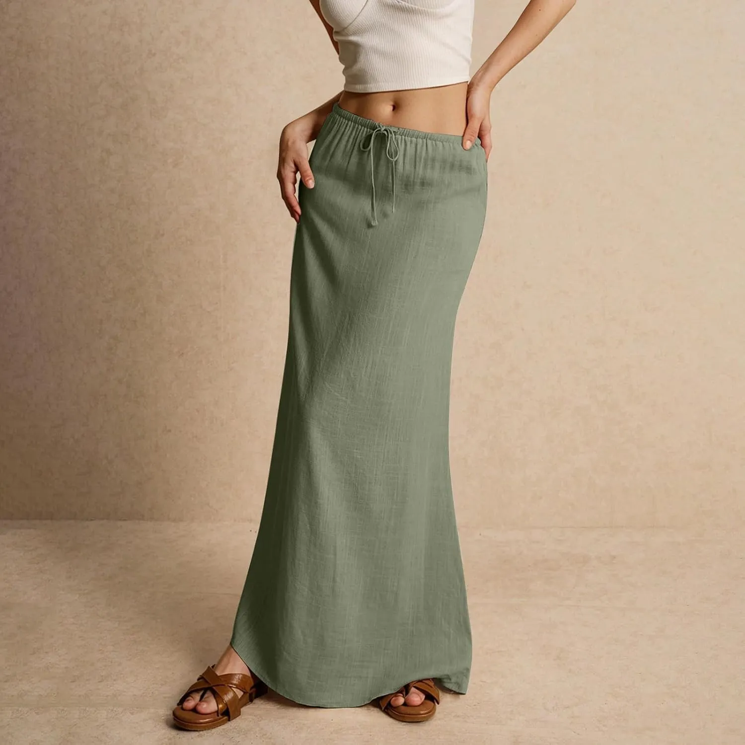 Womens Linen Maxi Skirt Drawstring Low Rise Long Skirts, Solid A-Line Casual Loose Flowy Long Beach Skirt