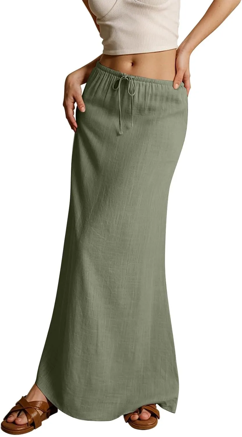 Womens Linen Maxi Skirt Drawstring Low Rise Long Skirts, Solid A-Line Casual Loose Flowy Long Beach Skirt