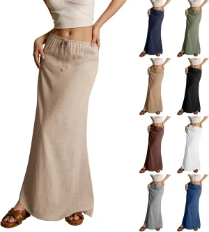Womens Linen Maxi Skirt Drawstring Low Rise Long Skirts, Solid A-Line Casual Loose Flowy Long Beach Skirt
