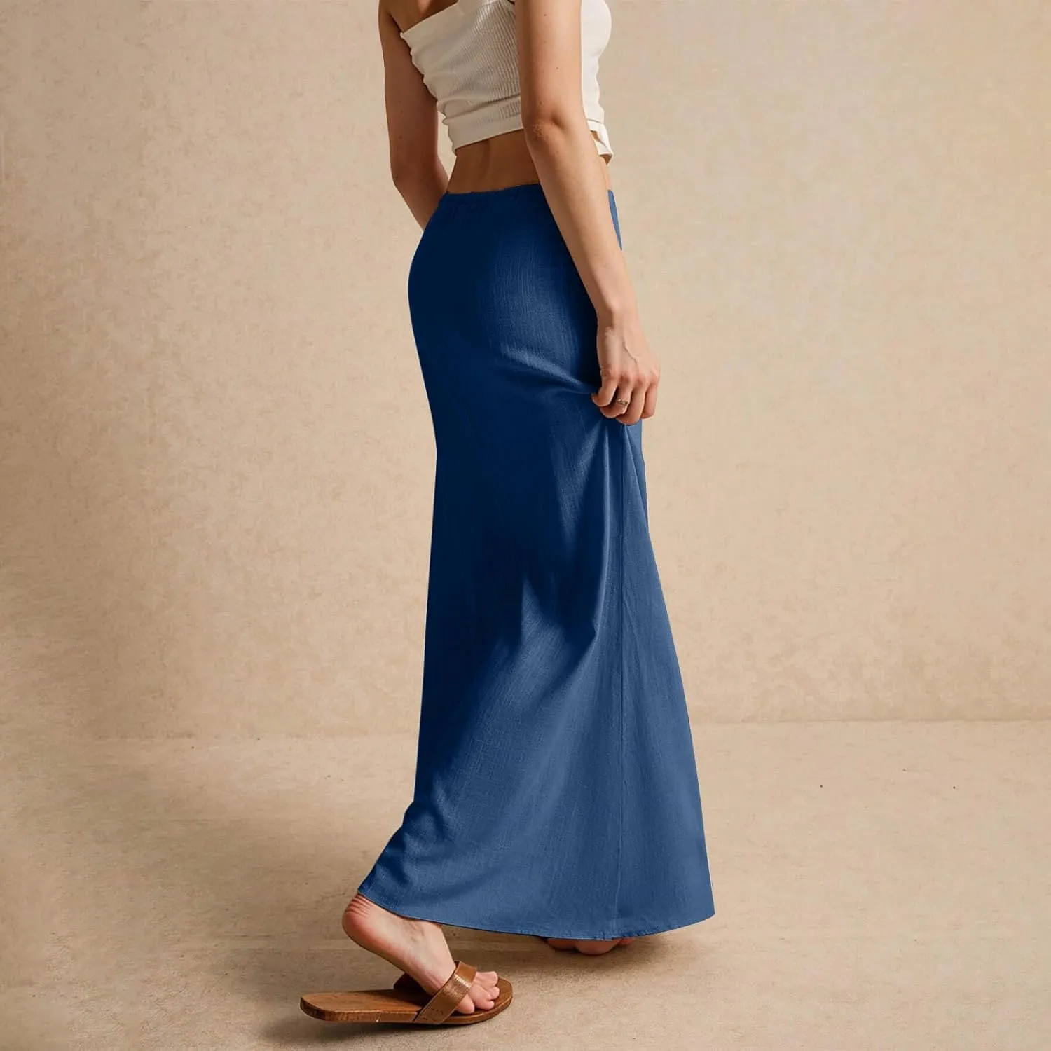 Womens Linen Maxi Skirt Drawstring Low Rise Long Skirts, Solid A-Line Casual Loose Flowy Long Beach Skirt