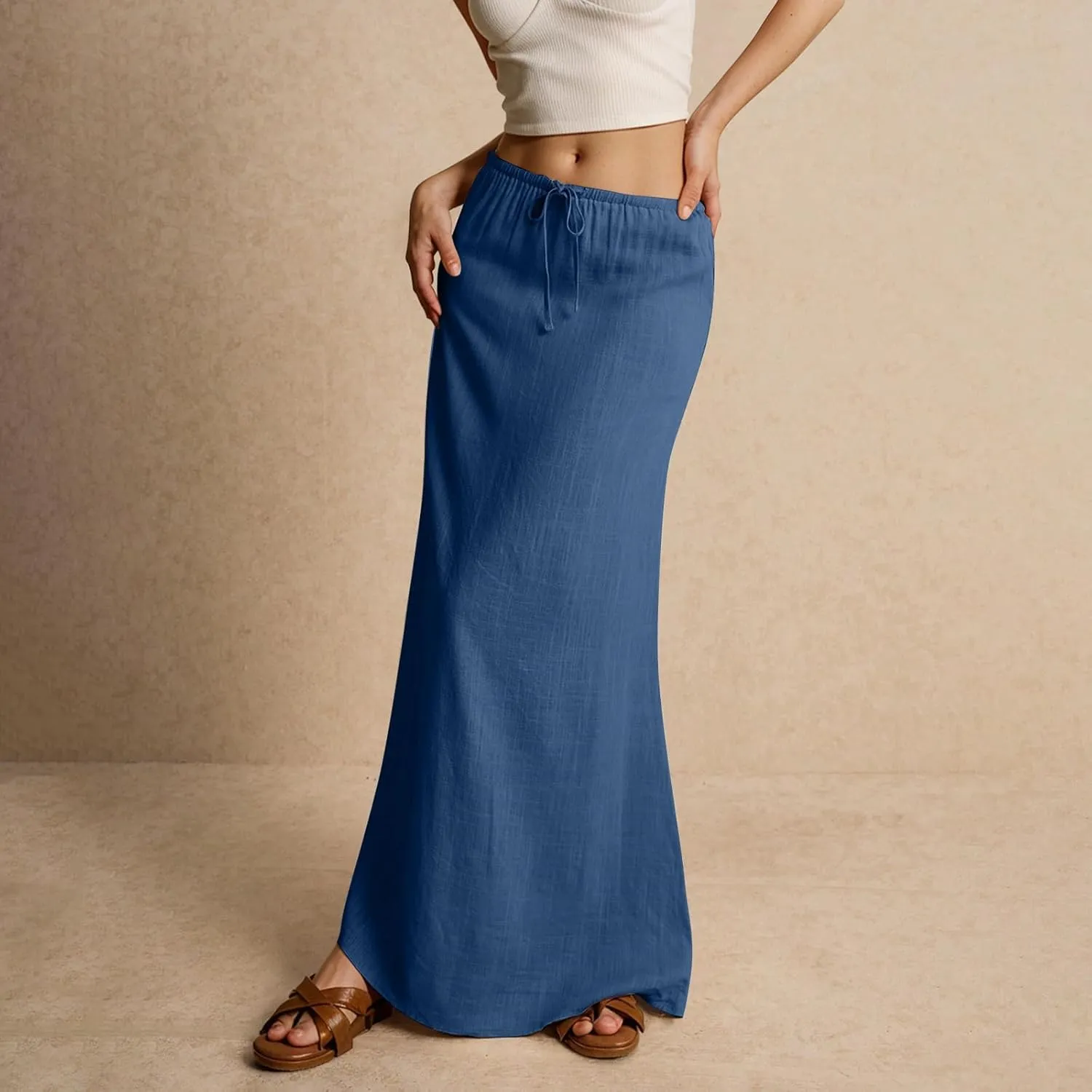 Womens Linen Maxi Skirt Drawstring Low Rise Long Skirts, Solid A-Line Casual Loose Flowy Long Beach Skirt