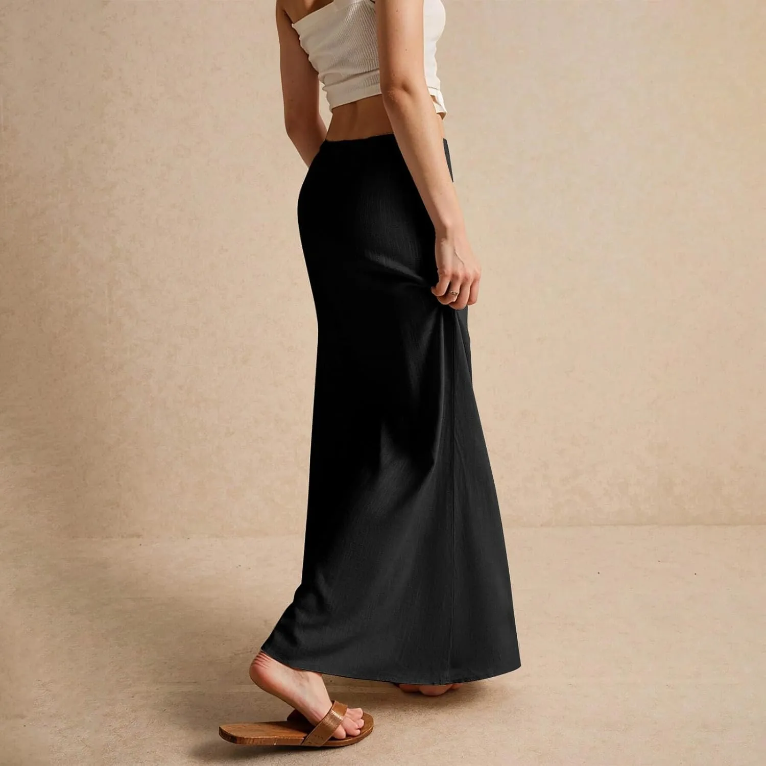 Womens Linen Maxi Skirt Drawstring Low Rise Long Skirts, Solid A-Line Casual Loose Flowy Long Beach Skirt