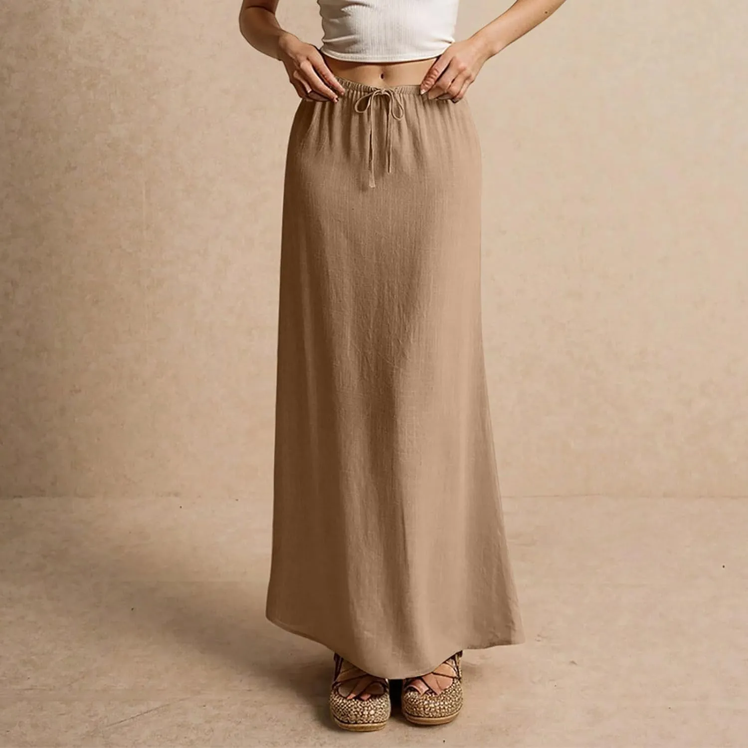 Womens Linen Maxi Skirt Drawstring Low Rise Long Skirts, Solid A-Line Casual Loose Flowy Long Beach Skirt