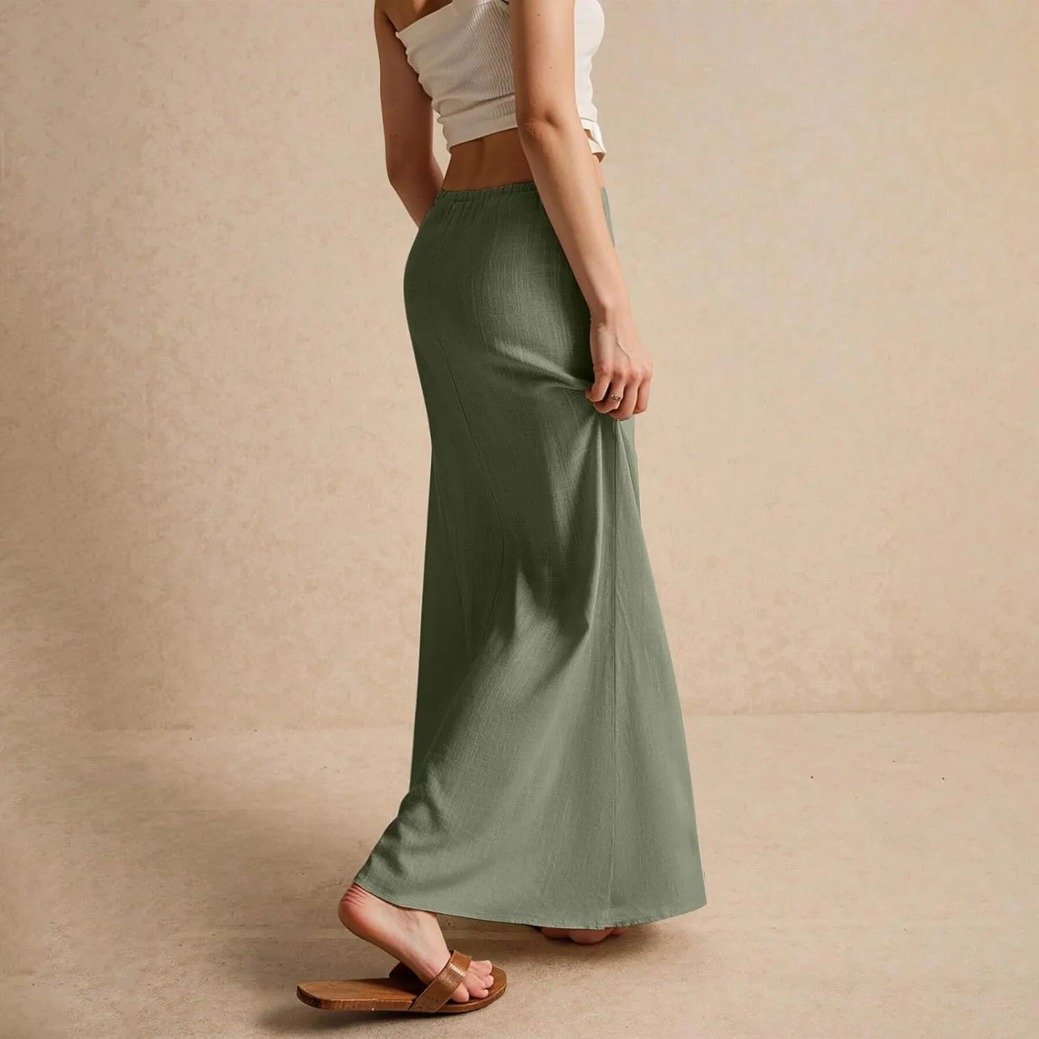 Womens Linen Maxi Skirt Drawstring Low Rise Long Skirts, Solid A-Line Casual Loose Flowy Long Beach Skirt