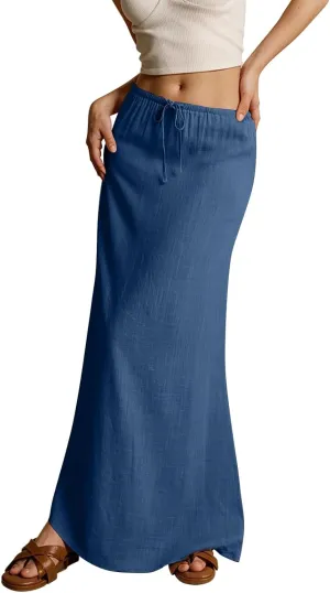 Womens Linen Maxi Skirt Drawstring Low Rise Long Skirts, Solid A-Line Casual Loose Flowy Long Beach Skirt