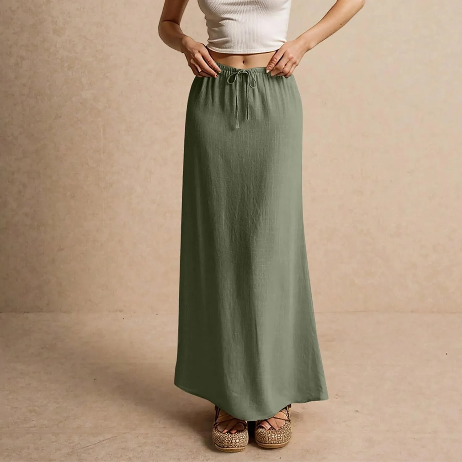 Womens Linen Maxi Skirt Drawstring Low Rise Long Skirts, Solid A-Line Casual Loose Flowy Long Beach Skirt