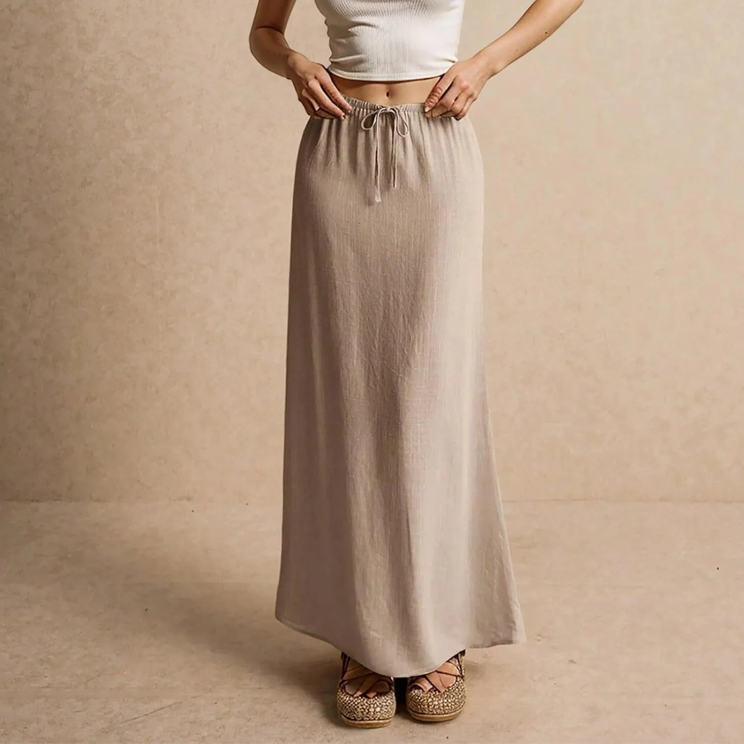 Womens Linen Maxi Skirt Drawstring Low Rise Long Skirts, Solid A-Line Casual Loose Flowy Long Beach Skirt