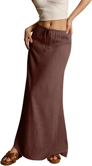 Womens Linen Maxi Skirt Drawstring Low Rise Long Skirts, Solid A-Line Casual Loose Flowy Long Beach Skirt