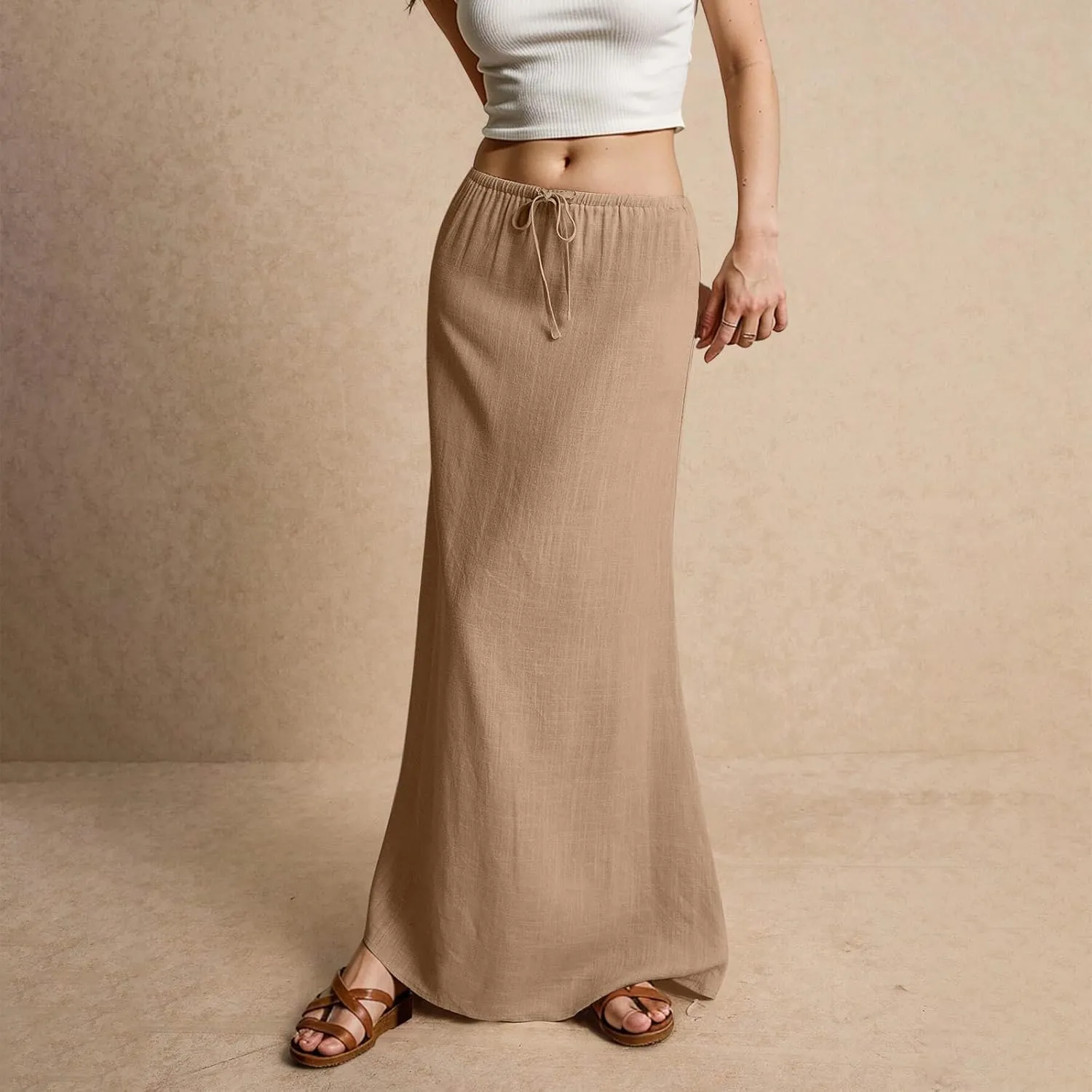 Womens Linen Maxi Skirt Drawstring Low Rise Long Skirts, Solid A-Line Casual Loose Flowy Long Beach Skirt