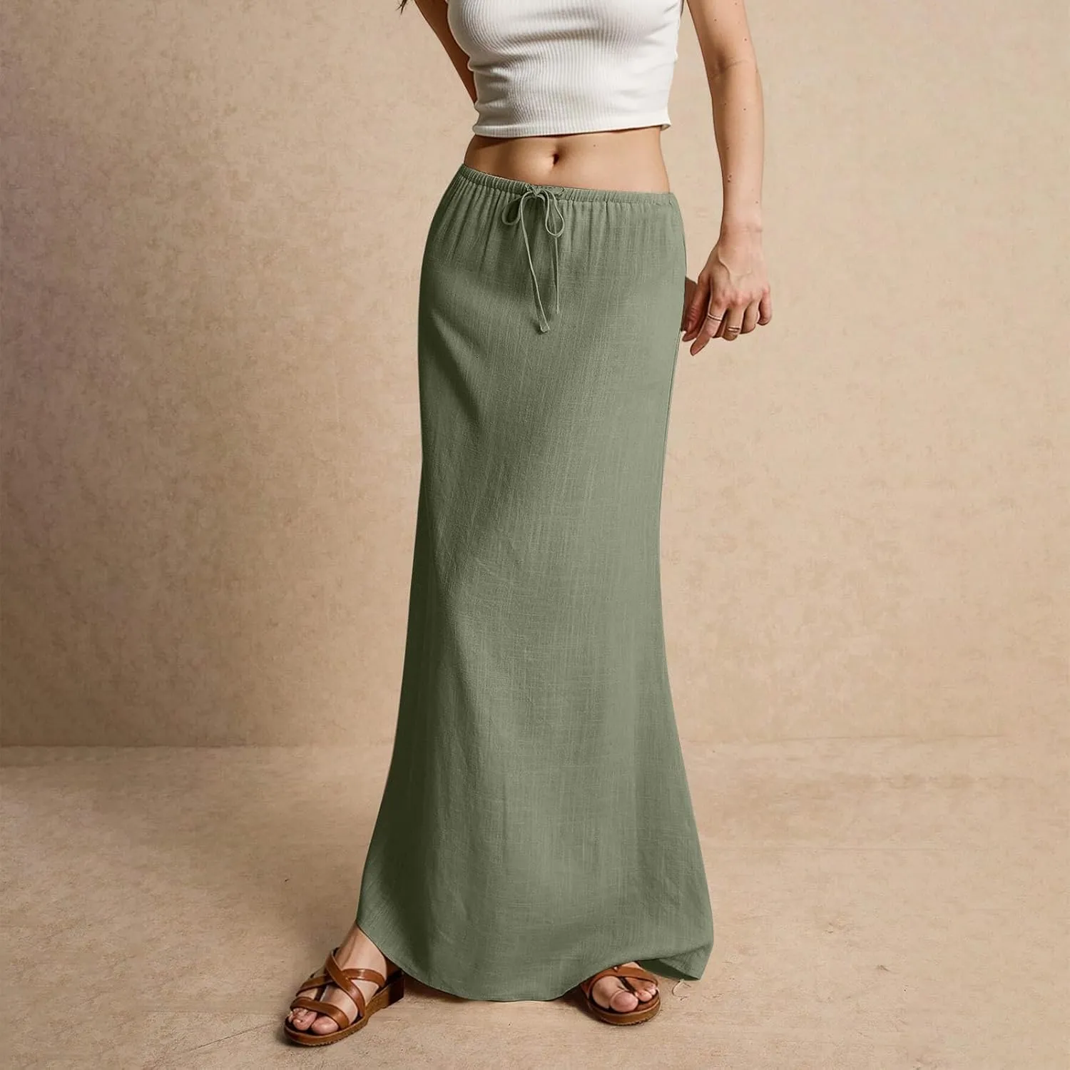 Womens Linen Maxi Skirt Drawstring Low Rise Long Skirts, Solid A-Line Casual Loose Flowy Long Beach Skirt