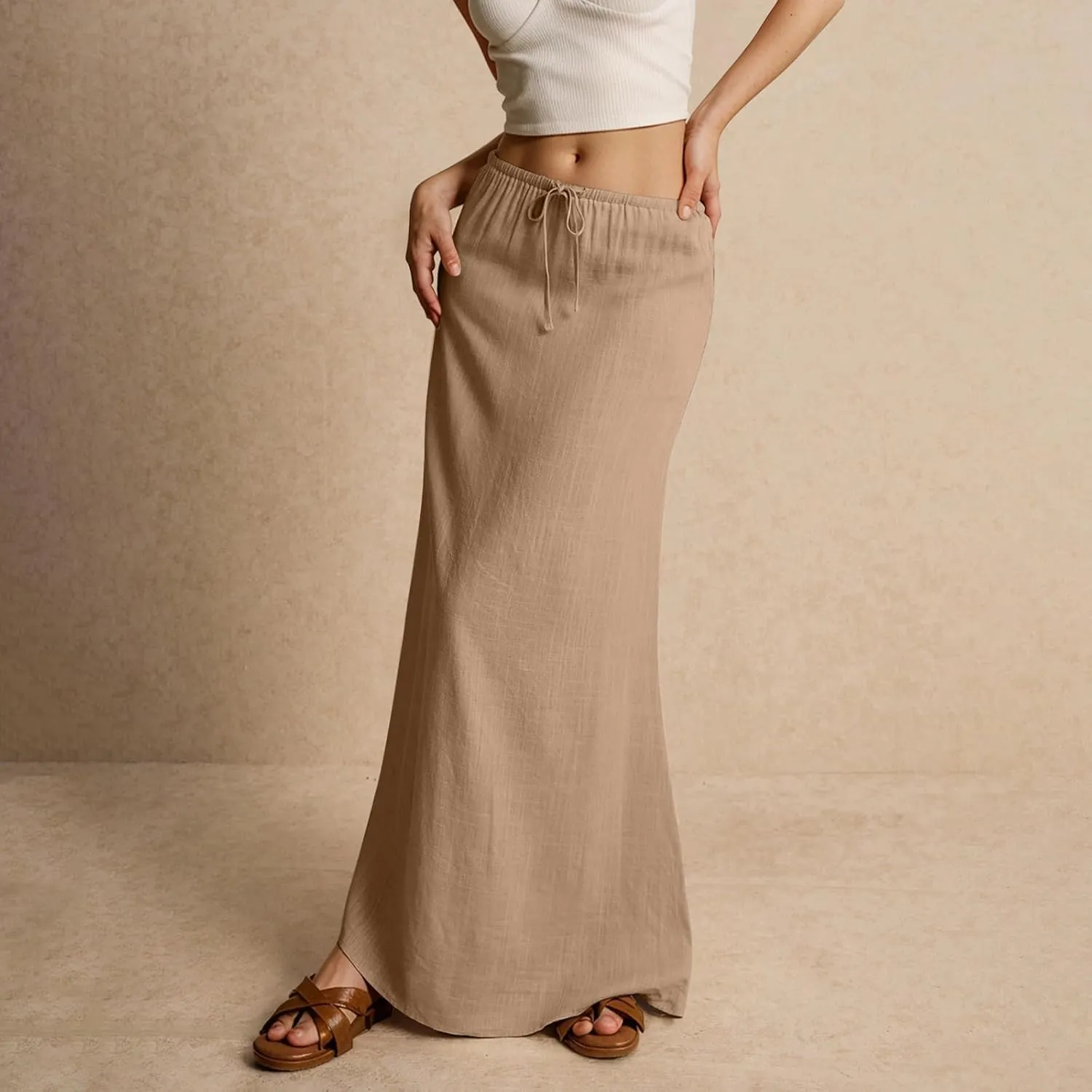 Womens Linen Maxi Skirt Drawstring Low Rise Long Skirts, Solid A-Line Casual Loose Flowy Long Beach Skirt