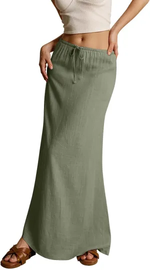 Womens Linen Maxi Skirt Drawstring Low Rise Long Skirts, Solid A-Line Casual Loose Flowy Long Beach Skirt
