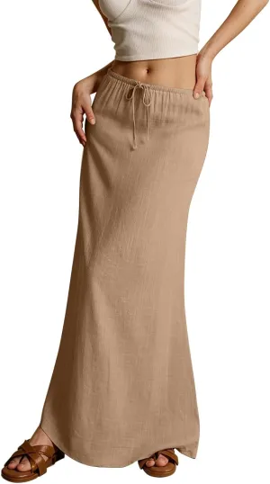 Womens Linen Maxi Skirt Drawstring Low Rise Long Skirts, Solid A-Line Casual Loose Flowy Long Beach Skirt