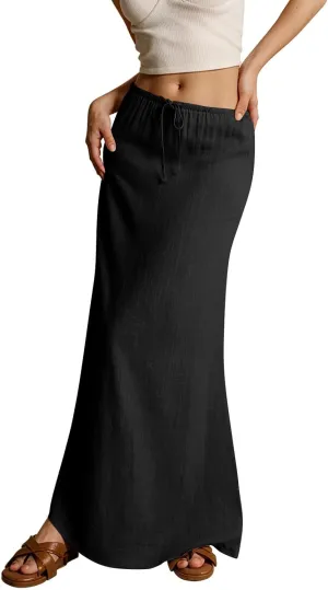 Womens Linen Maxi Skirt Drawstring Low Rise Long Skirts, Solid A-Line Casual Loose Flowy Long Beach Skirt