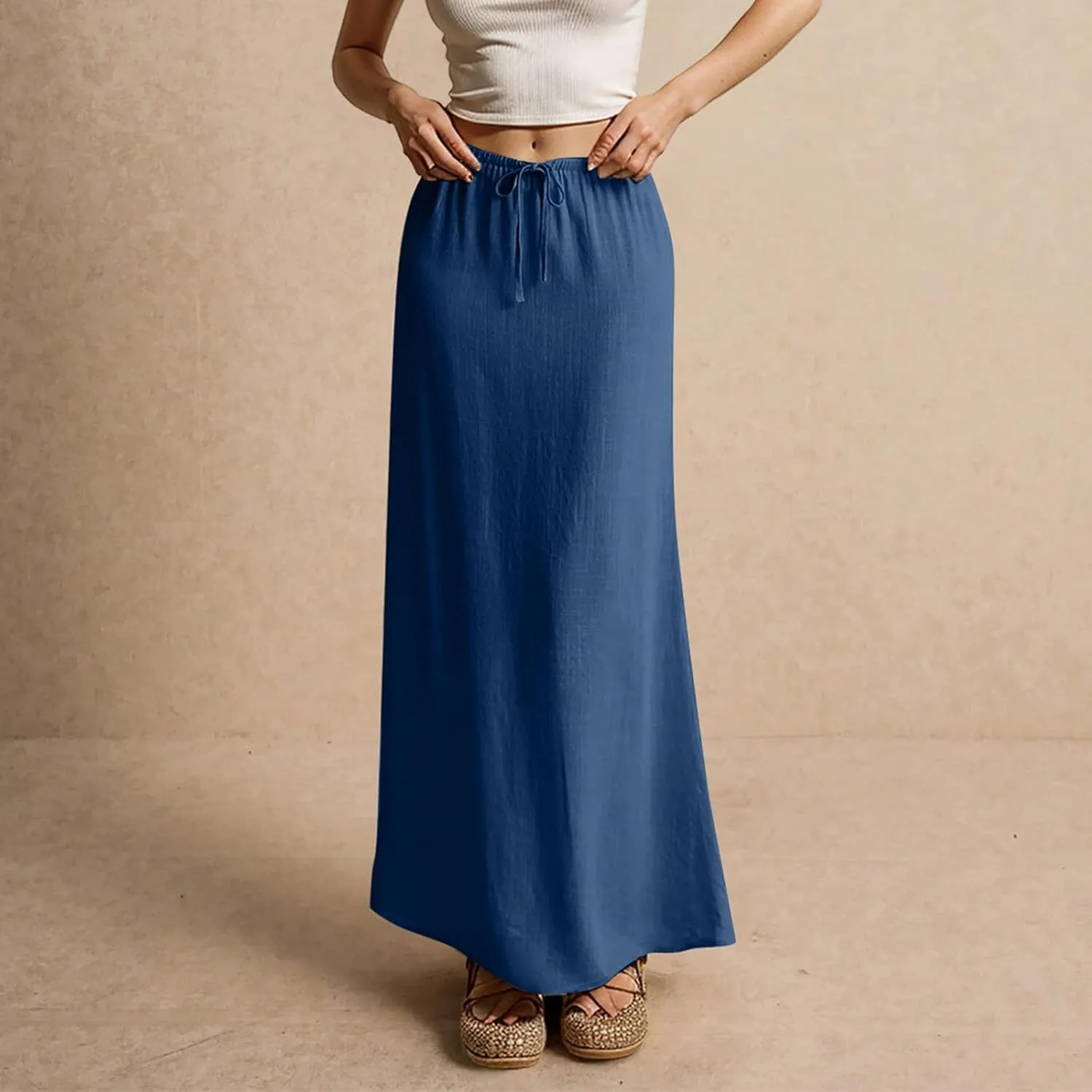 Womens Linen Maxi Skirt Drawstring Low Rise Long Skirts, Solid A-Line Casual Loose Flowy Long Beach Skirt
