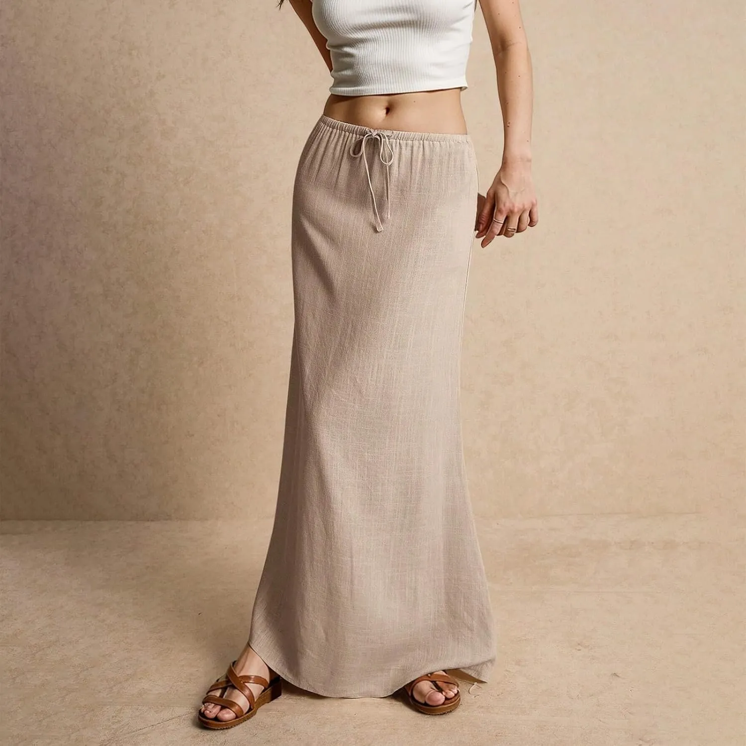 Womens Linen Maxi Skirt Drawstring Low Rise Long Skirts, Solid A-Line Casual Loose Flowy Long Beach Skirt