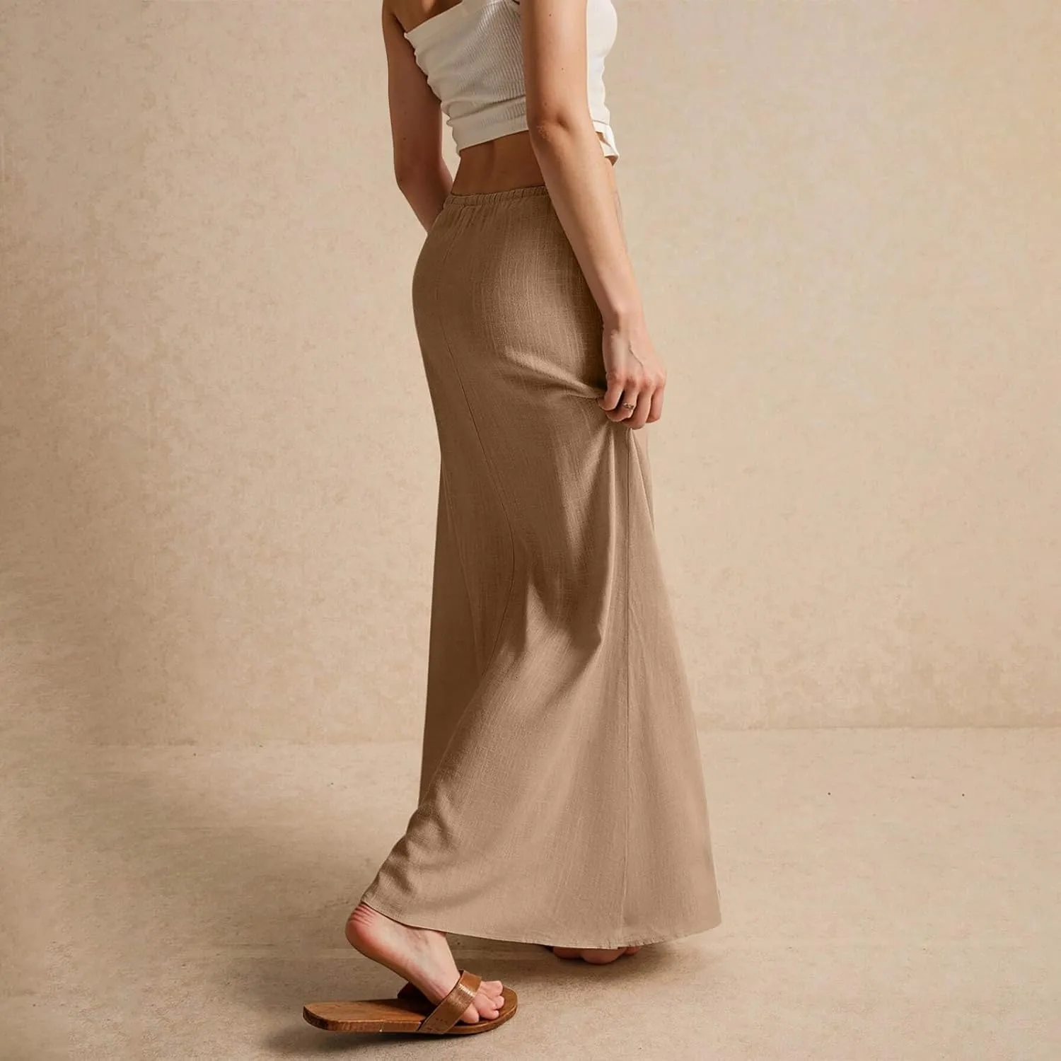 Womens Linen Maxi Skirt Drawstring Low Rise Long Skirts, Solid A-Line Casual Loose Flowy Long Beach Skirt
