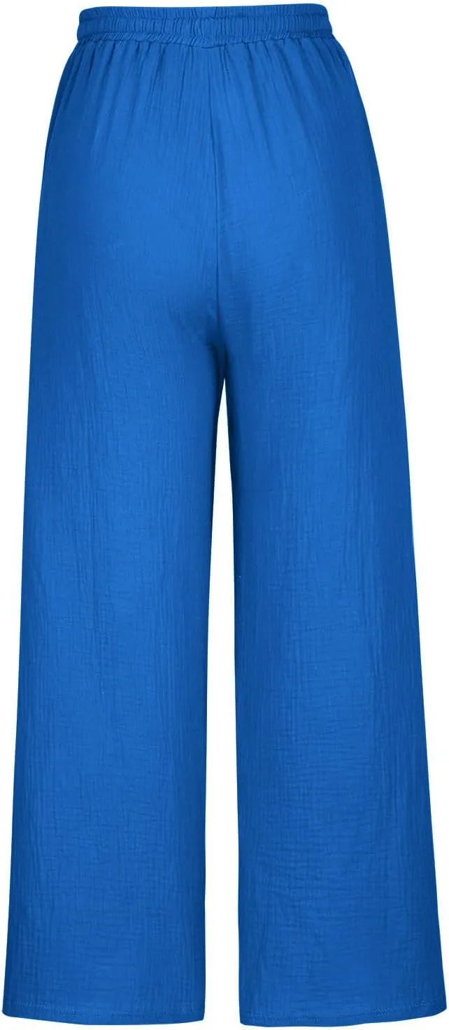 Women's Linen Pants Tall Summer Flowy Leg High Waisted Trousers 2025 Breathable Comfort Fit Yoga Pants