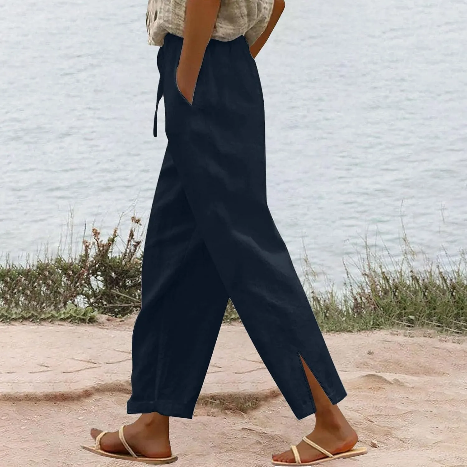 Womens Linen Pants Trendy 2025 Summer Casual Drawstring Elastic Waist Trousers Lightweight Beach Vacation Outfits