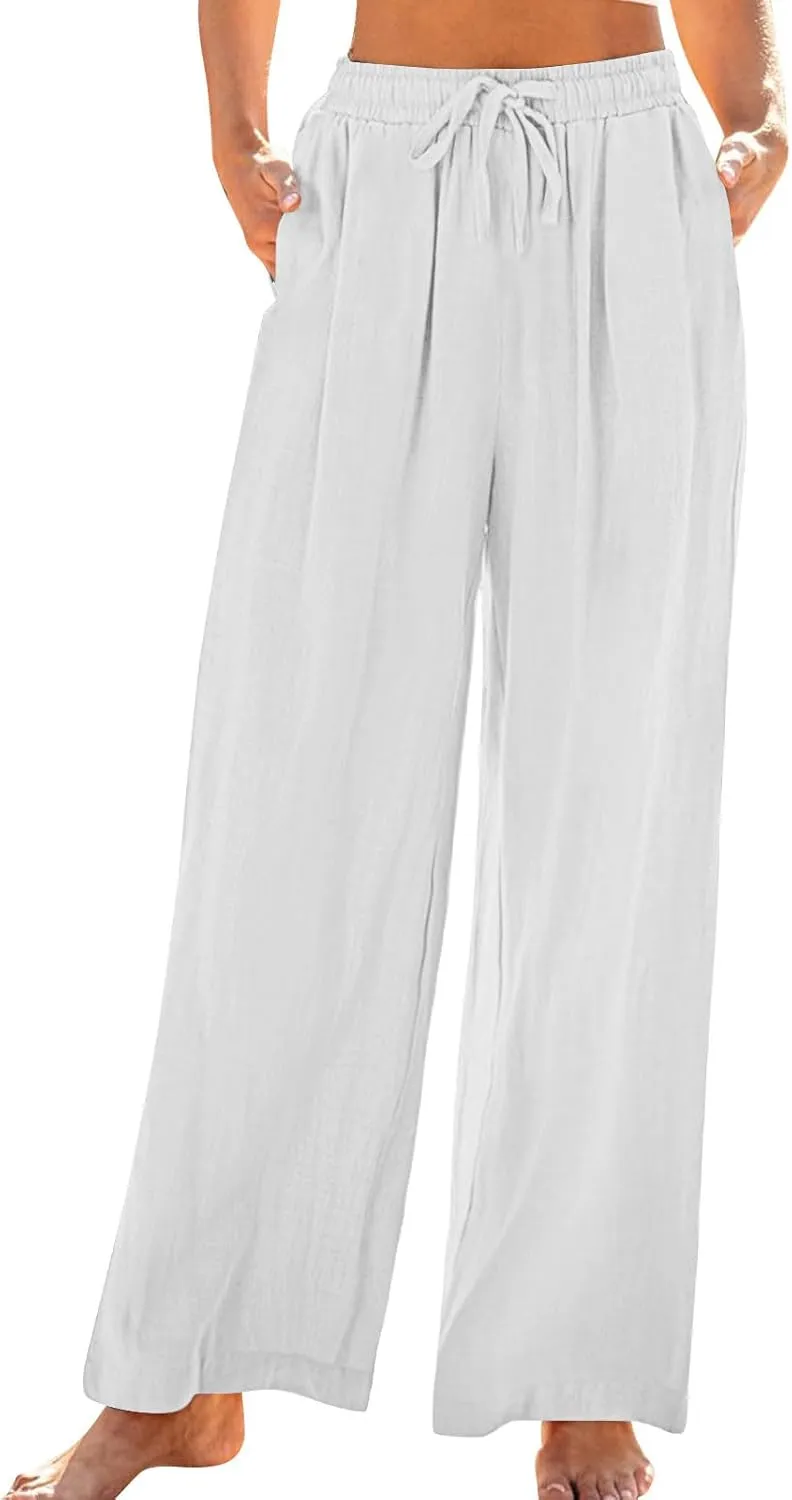 Women's Linen Pants with Pockets Summer 2025 Wide Leg High Waisted Trousers Breathable Lightweight Casual Pants
