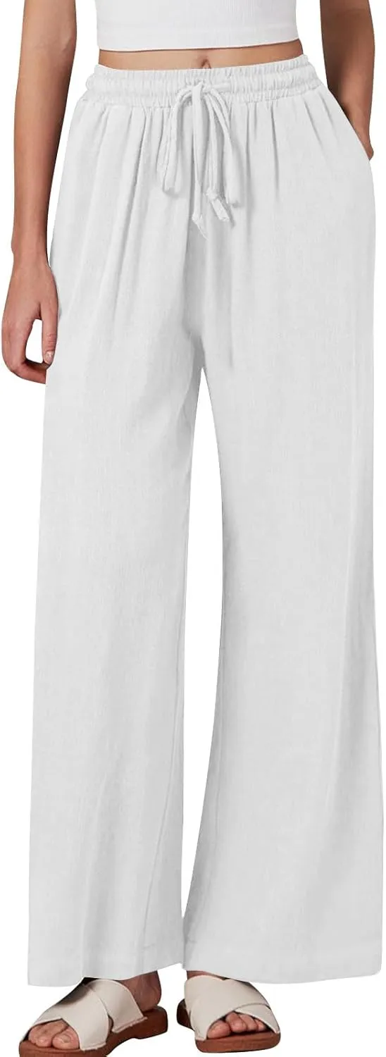 Women's Linen Pants with Pockets Summer 2025 Wide Leg High Waisted Trousers Breathable Lightweight Casual Pants