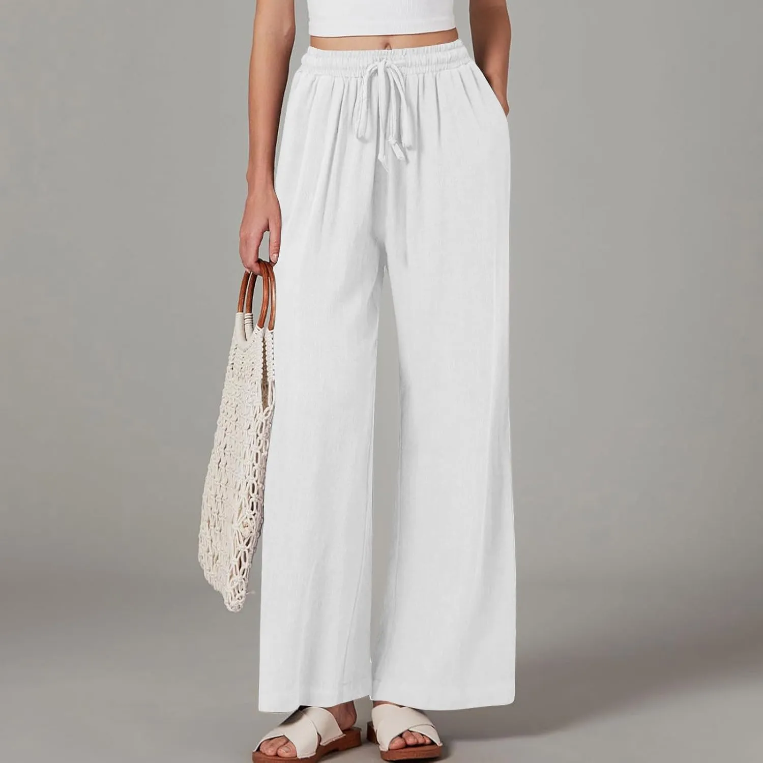 Women's Linen Pants with Pockets Summer 2025 Wide Leg High Waisted Trousers Breathable Lightweight Casual Pants