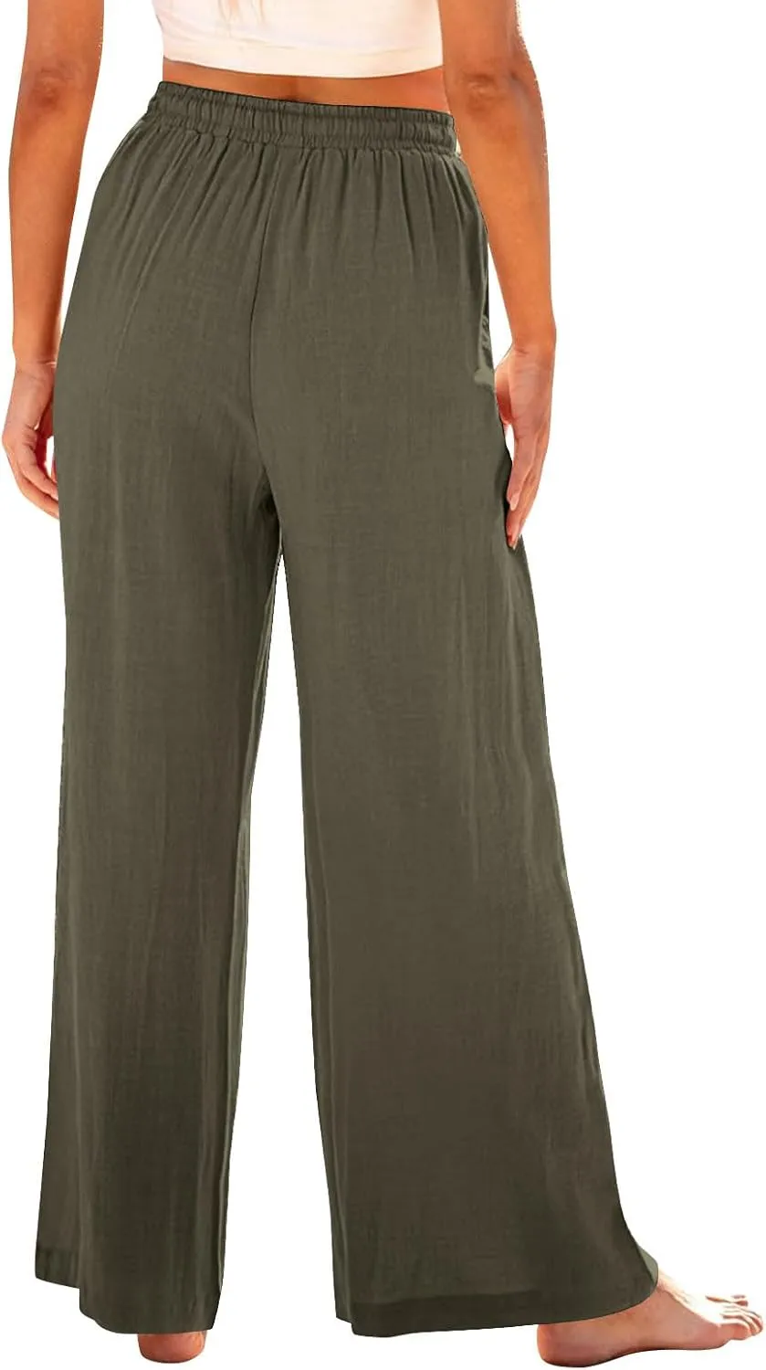 Women's Linen Pants with Pockets Summer 2025 Wide Leg High Waisted Trousers Breathable Lightweight Casual Pants
