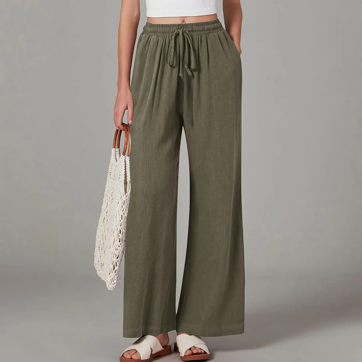 Women's Linen Pants with Pockets Summer 2025 Wide Leg High Waisted Trousers Breathable Lightweight Casual Pants