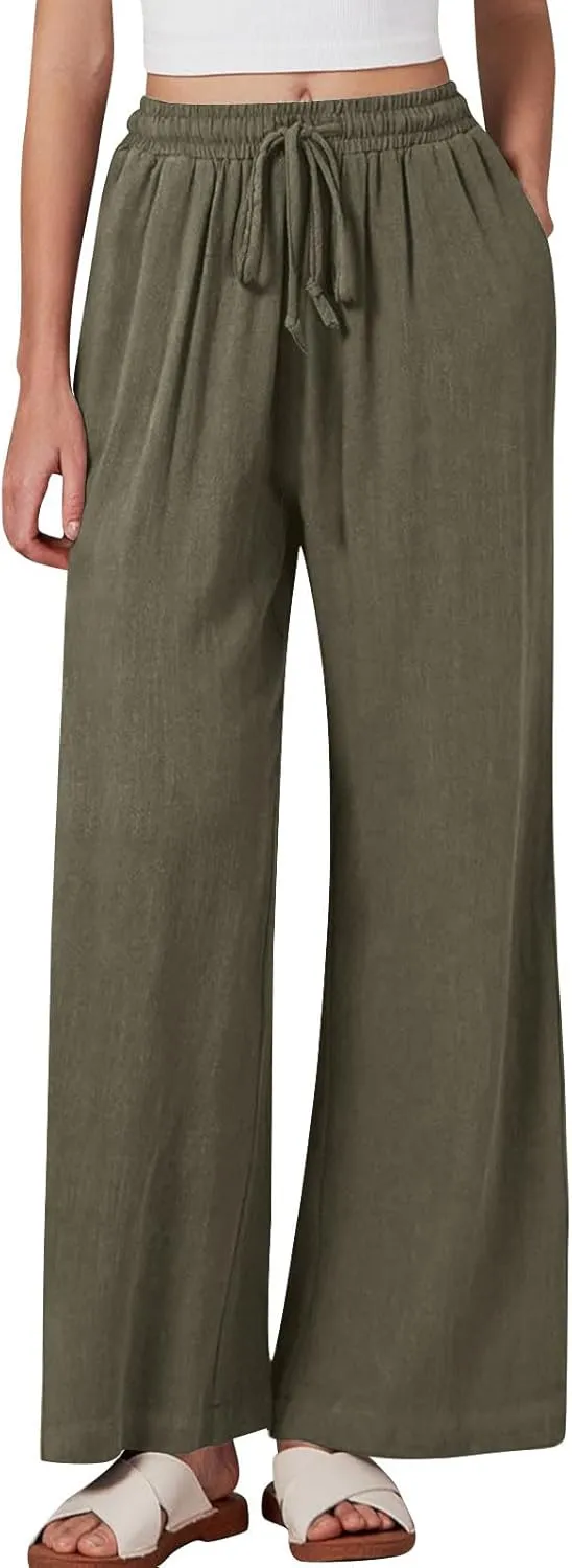 Women's Linen Pants with Pockets Summer 2025 Wide Leg High Waisted Trousers Breathable Lightweight Casual Pants