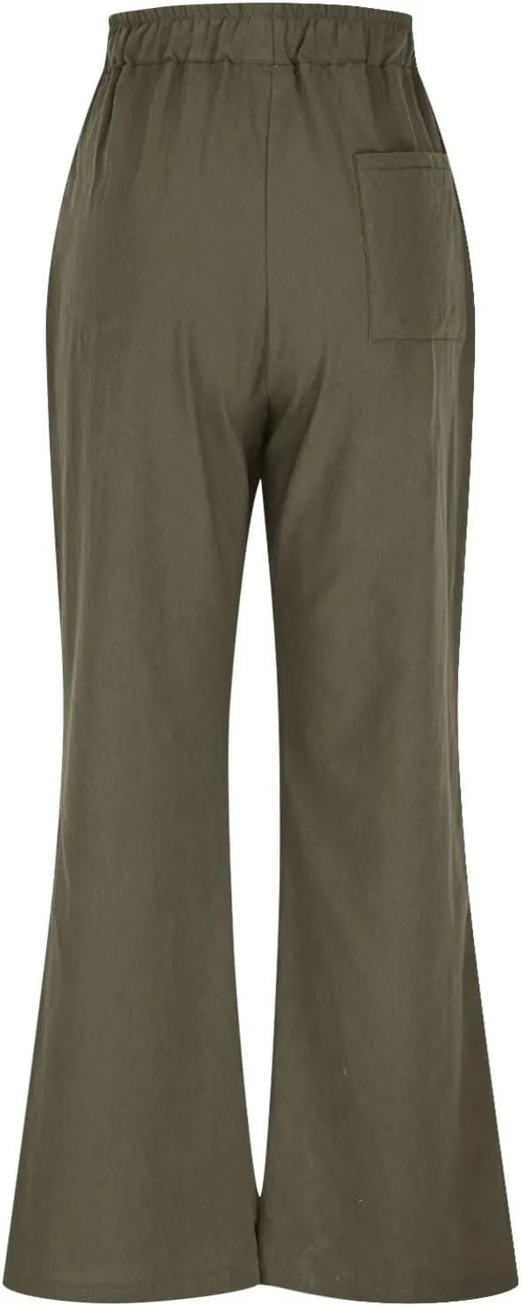 Women's Linen Pants with Pockets Summer 2025 Wide Leg High Waisted Trousers Breathable Lightweight Casual Pants