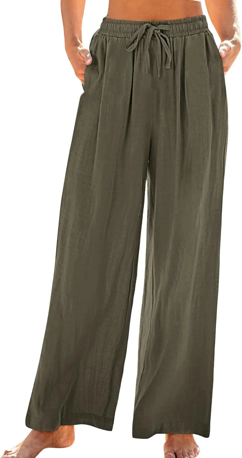 Women's Linen Pants with Pockets Summer 2025 Wide Leg High Waisted Trousers Breathable Lightweight Casual Pants