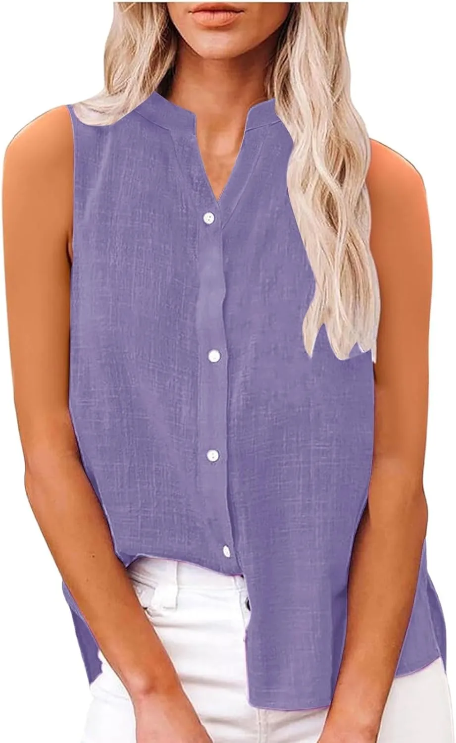 Womens Linen Tank Tops Button Down Shirts Sleeveless Cotton Collared V Neck Boho Summer Loose Casual Work Blouses