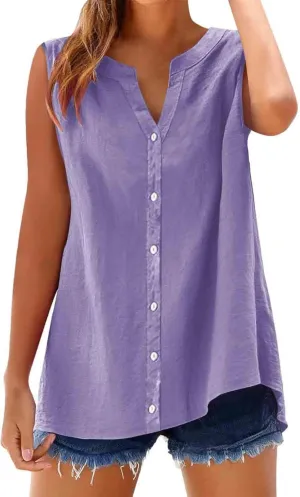 Womens Linen Tank Tops Button Down Shirts Sleeveless Cotton Collared V Neck Boho Summer Loose Casual Work Blouses