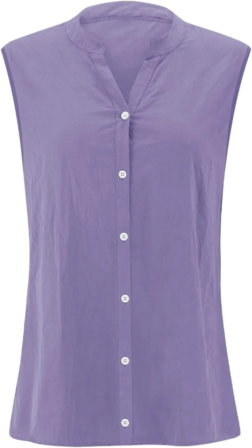 Womens Linen Tank Tops Button Down Shirts Sleeveless Cotton Collared V Neck Boho Summer Loose Casual Work Blouses