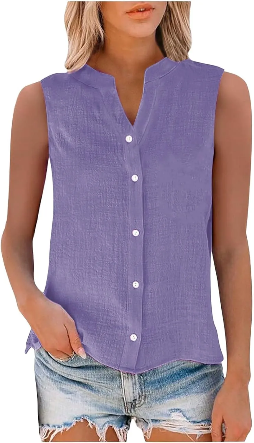 Womens Linen Tank Tops Button Down Shirts Sleeveless Cotton Collared V Neck Boho Summer Loose Casual Work Blouses