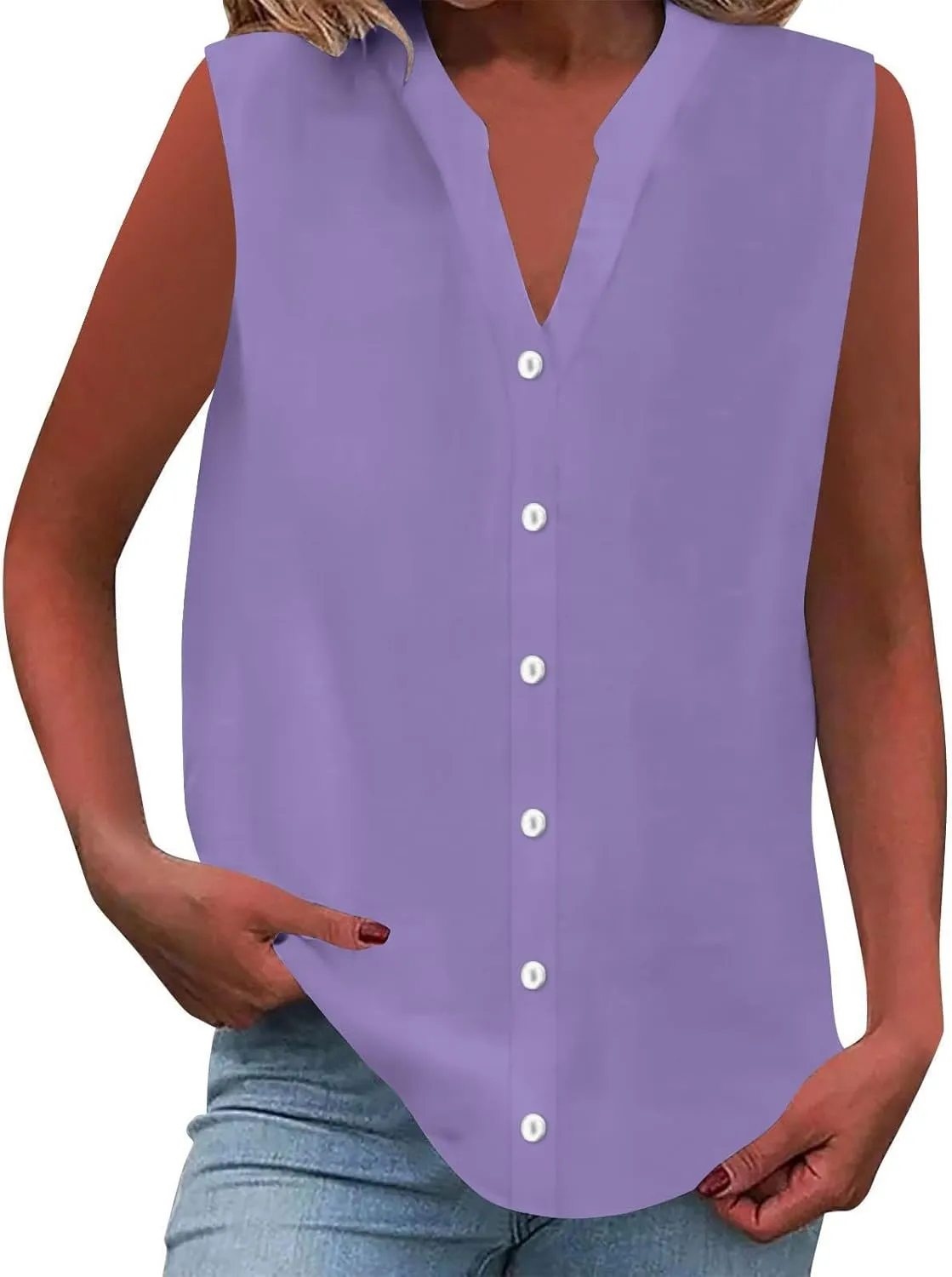 Womens Linen Tank Tops Button Down Shirts Sleeveless Cotton Collared V Neck Boho Summer Loose Casual Work Blouses