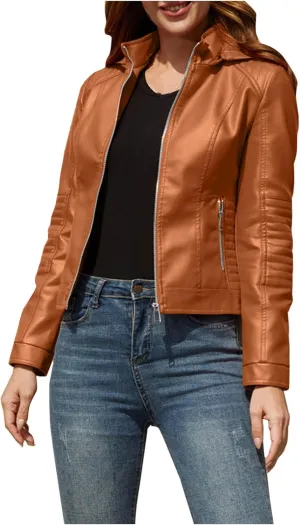 Women's Long Sleeve Zipper Closure Moto Biker Faux Leather Jacket PU Slim Short Biker Outwear Winter Outfits Clothes