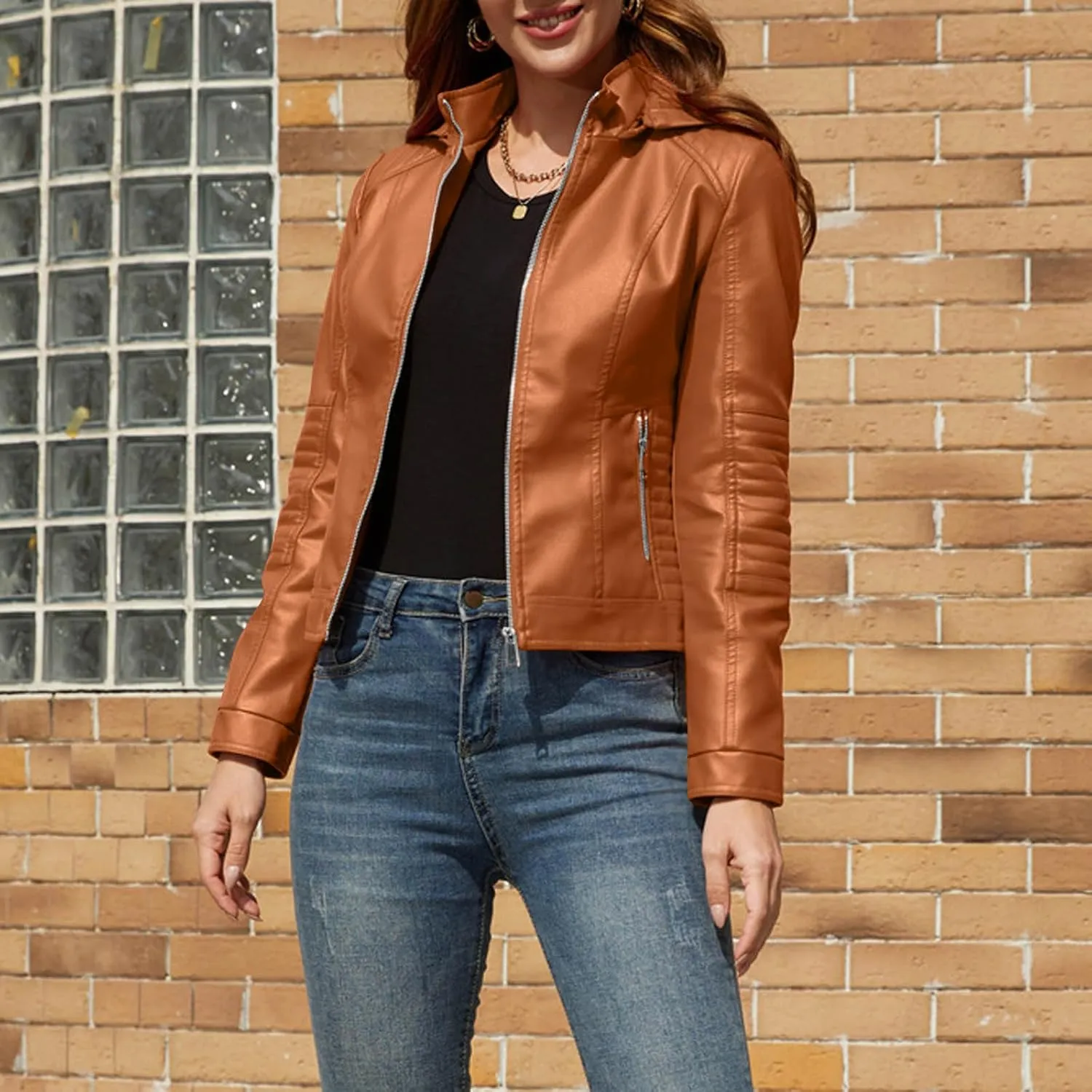 Women's Long Sleeve Zipper Closure Moto Biker Faux Leather Jacket PU Slim Short Biker Outwear Winter Outfits Clothes