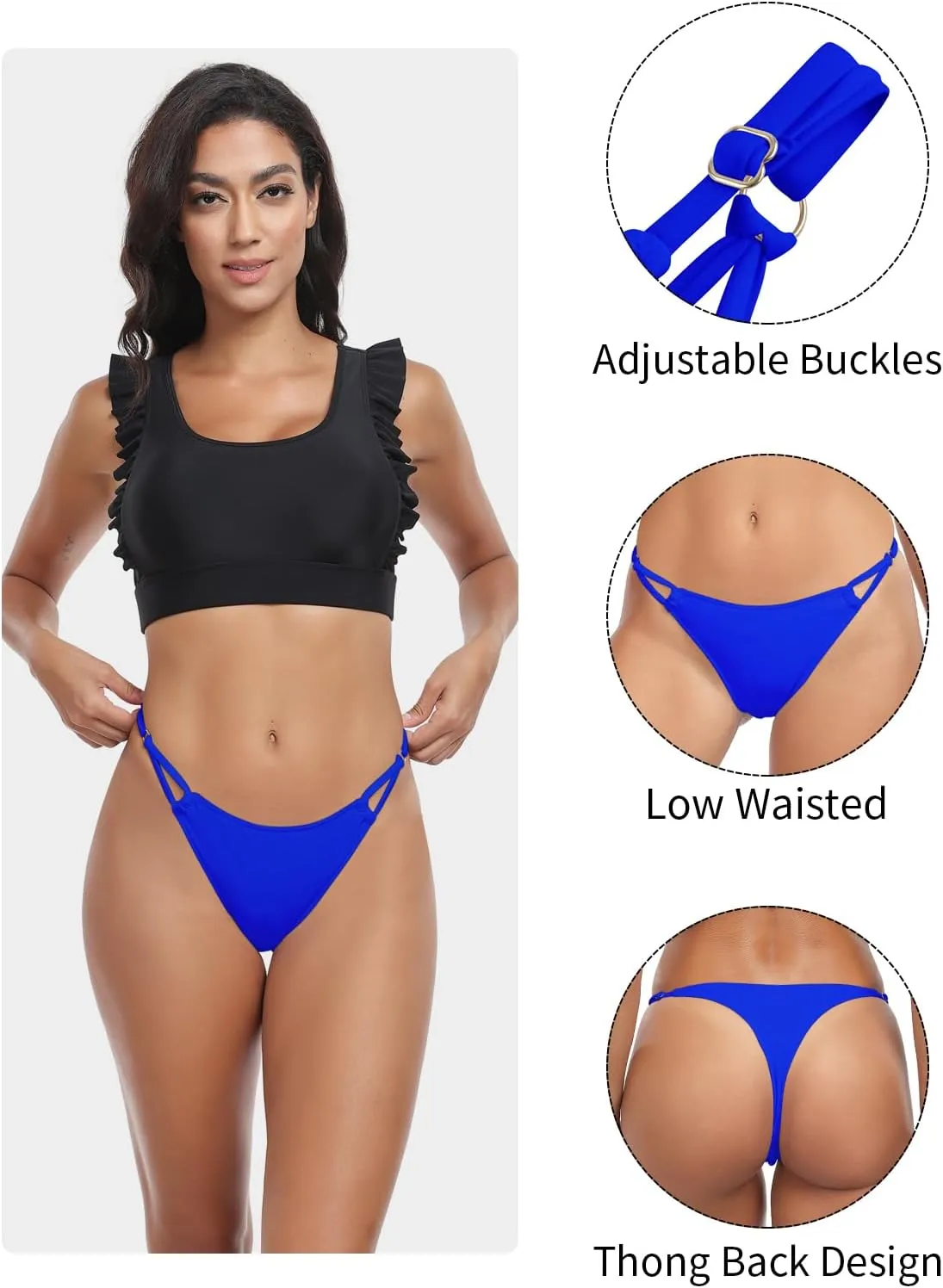 Women's Low Waisted Bikini Bottoms Adjustable Thong Bathing Suit Bottoms