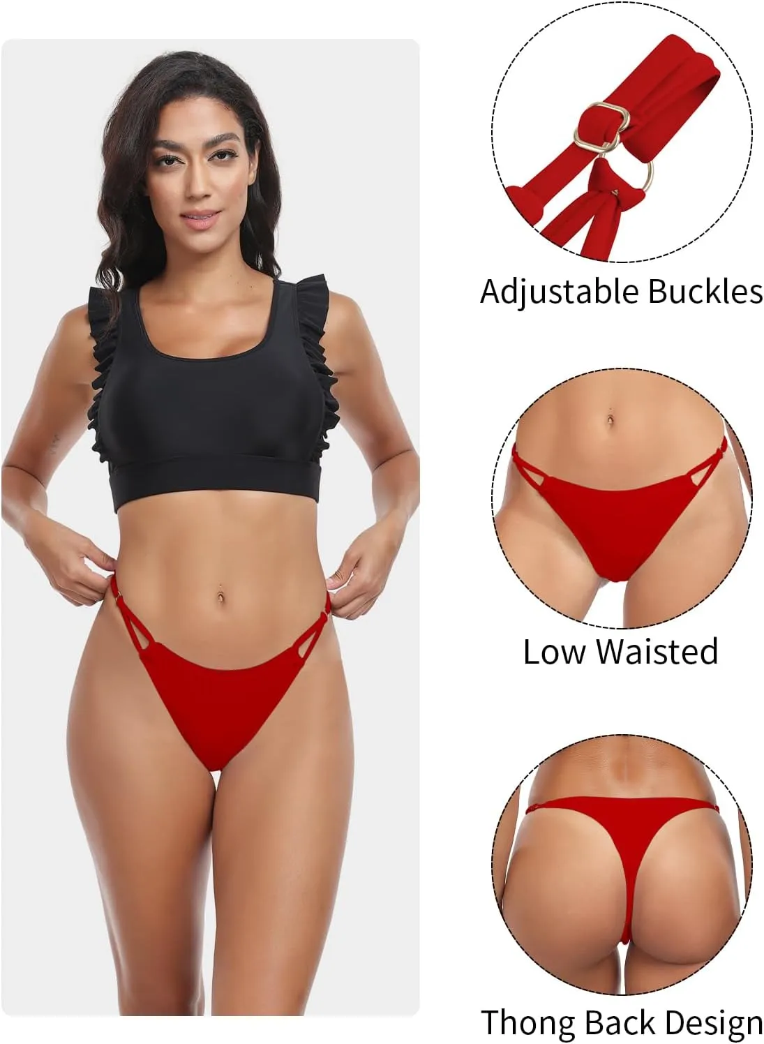 Women's Low Waisted Bikini Bottoms Adjustable Thong Bathing Suit Bottoms